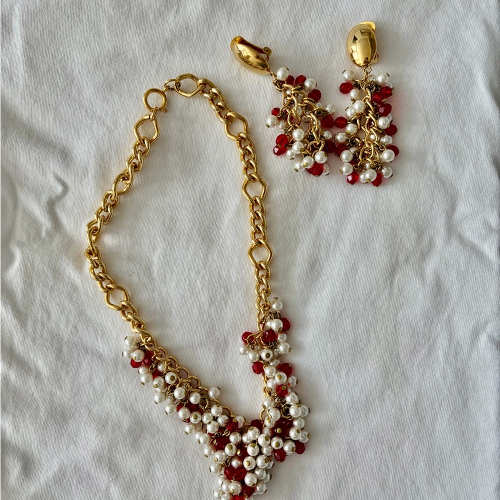 Made In Italy Gold Finish Necklace Set Red Beads Pearl Cluster Clip on Earrings